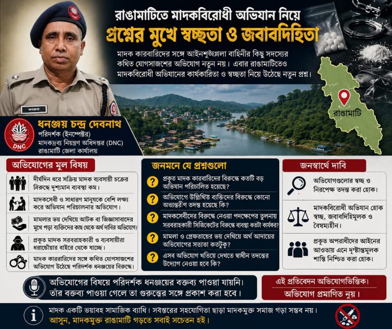 কক্সবাজারের ধারাবাহিকতায় রাঙামাটিতেও মাদক সিন্ডিকেটের ছায়া? পরিদর্শক ধনঞ্জয়কে ঘিরে উঠছে নানা প্রশ্ন